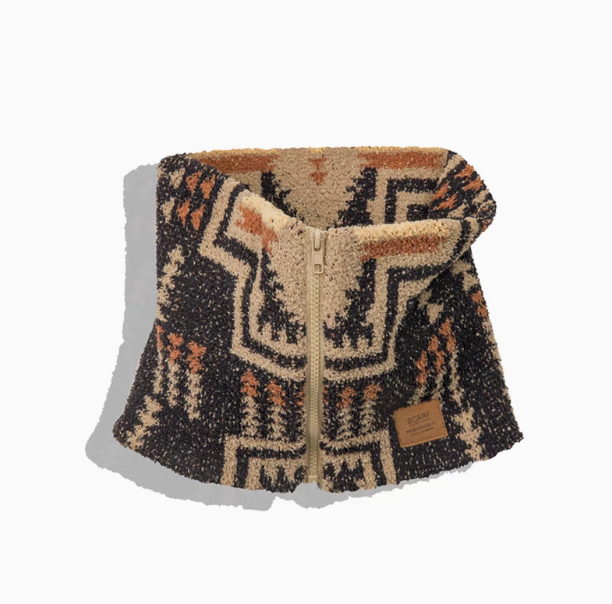 Navajo-Inspired Half-Sherpa Neck Warmer in Mocha with zip front closure and textured geometric pattern front view