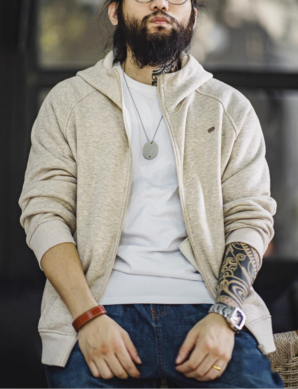 Snowflake white Nordic Comfort hoodie front open zip view layered over white t-shirt showing casual relaxed styling