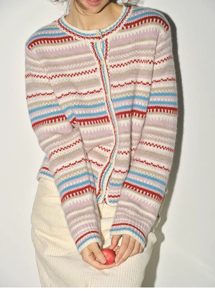 Beige jacquard cardigan front detail showing red blue stripe pattern and button closure knit texture