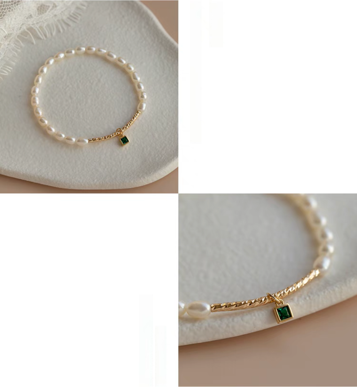 Collage detail of square gemstone olivine pearl bracelet highlighting pearl arrangement and green charm accent.