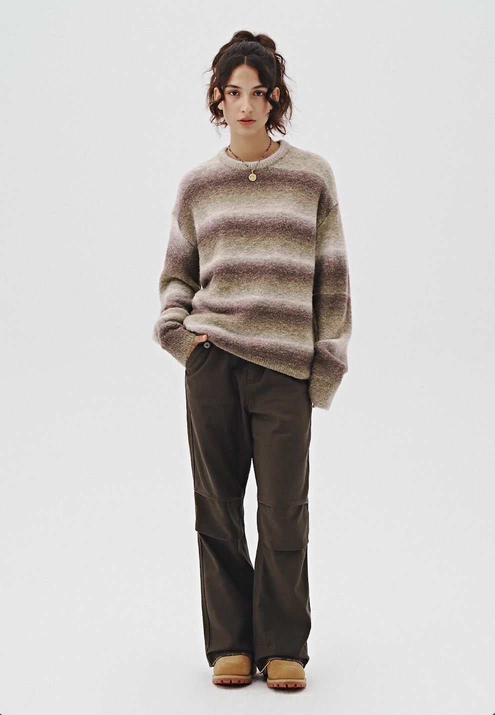 Women’s gradient brushed knit sweater in sage-grey, front view.