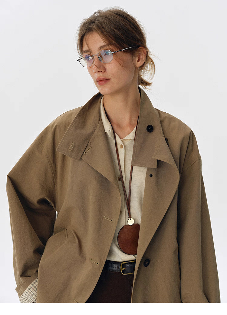 Close-up of convertible collar and horn buttons on salt-shrunk trench jacket