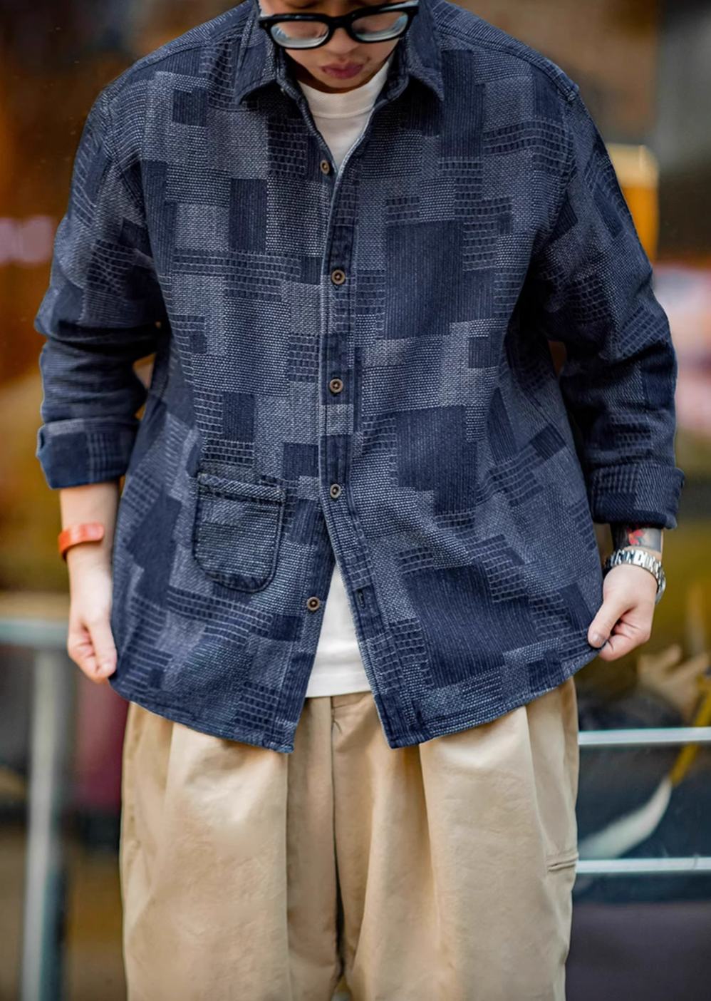 Denim Blue patchwork indigo denim shirt full front worn view featuring relaxed fit, chest pocket, and vintage-inspired design