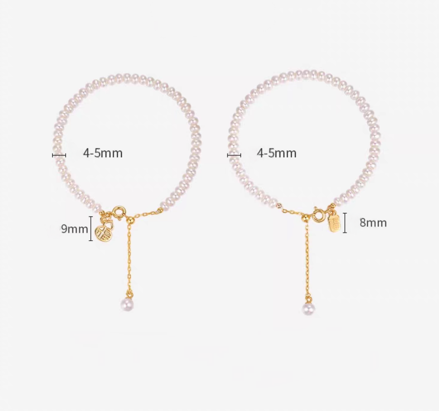 Size guide showing 4–5 mm pearl beads with 9 mm gourd Fu charm and 8 mm tag charm, adjustable drop chain.
