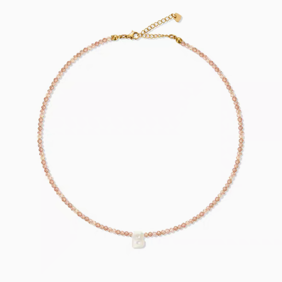 Natural color personalized shell initial necklace with letter B charm on beaded chain product view