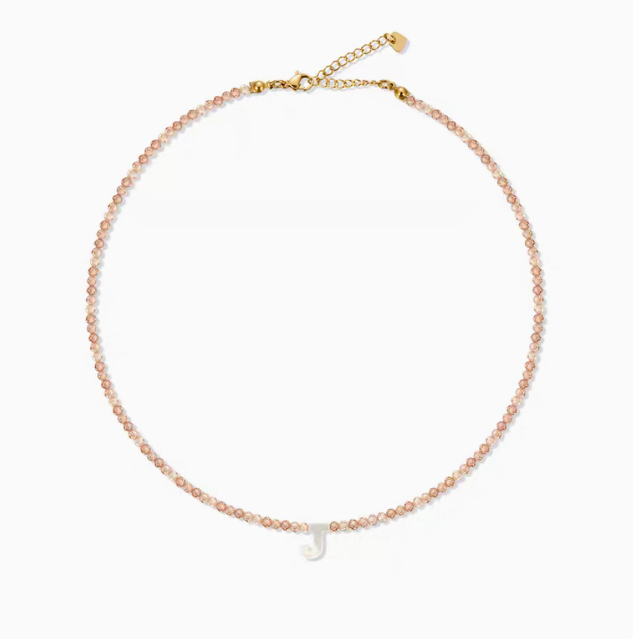 Personalized shell initial necklace with letter J charm on natural stone beaded chain simple product view