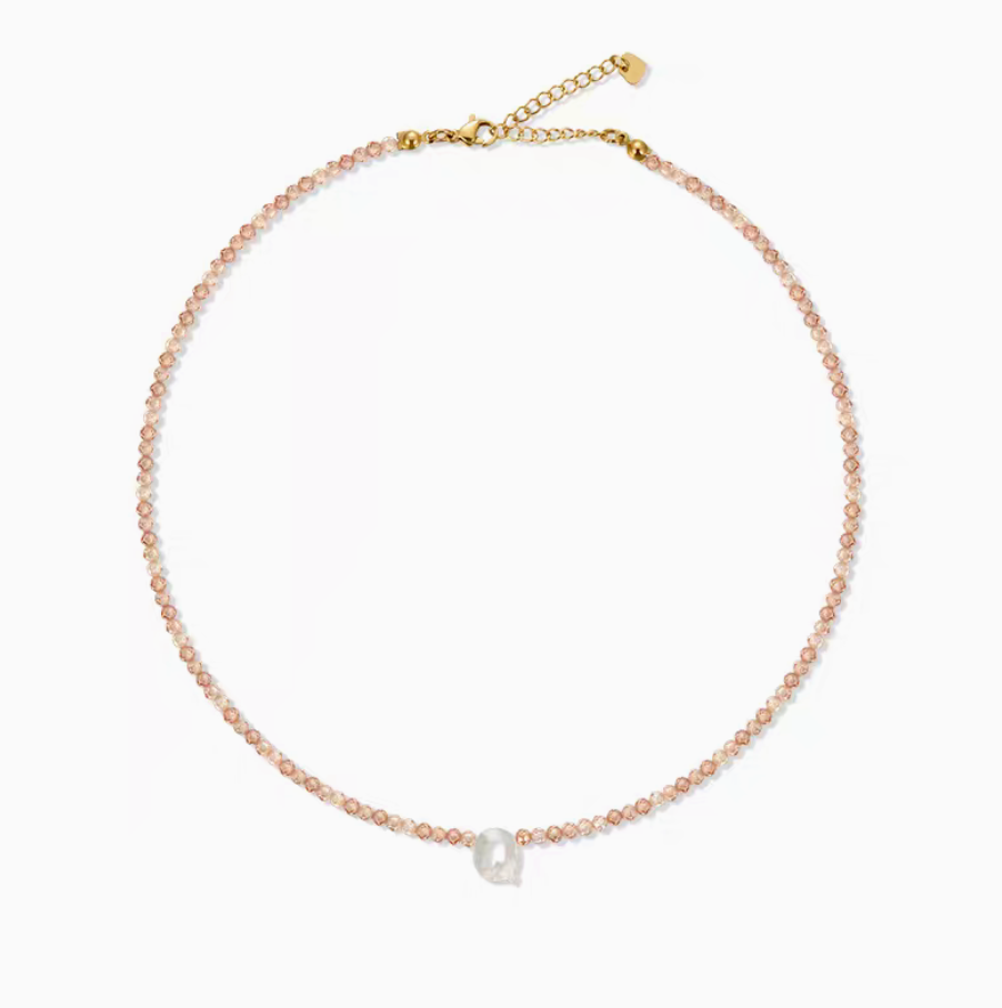 Natural color personalized shell initial necklace with letter Q charm on delicate beaded chain minimal design