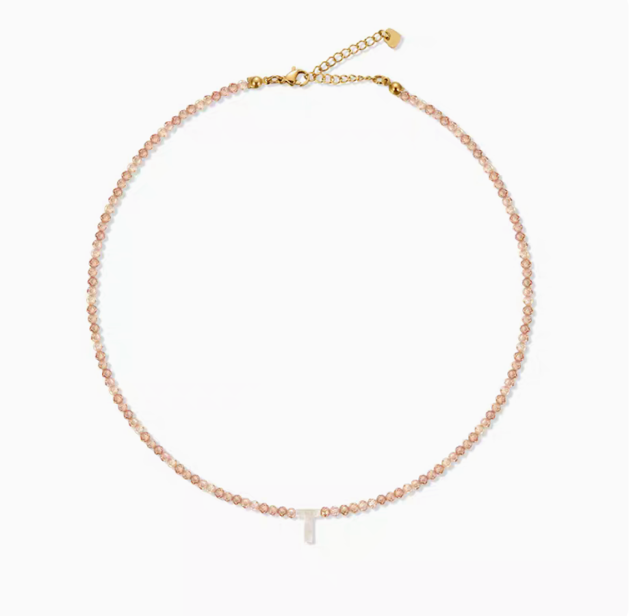 Personalized shell initial necklace with letter T charm on natural stone bead chain minimal product view