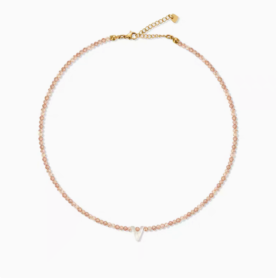 Natural color personalized shell initial necklace with letter V charm on delicate beaded chain