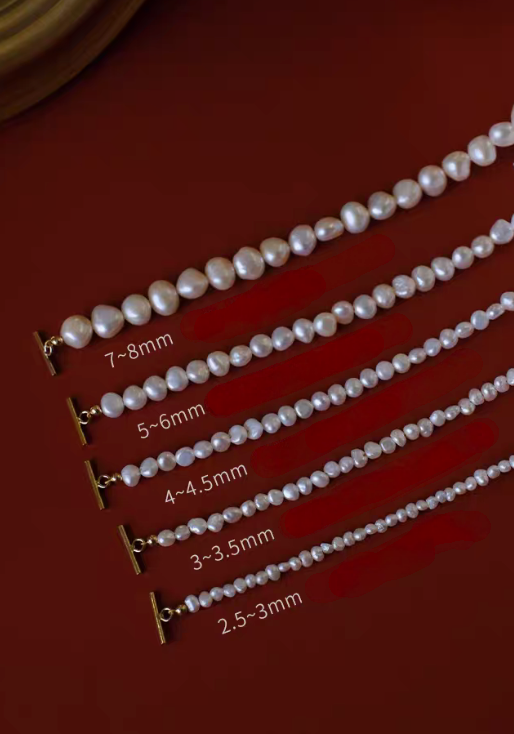 Baroque freshwater pearl necklace size comparison showing 2.5-3mm 3-3.5mm 4-4.5mm 5-6mm and 7-8mm pearl sizes