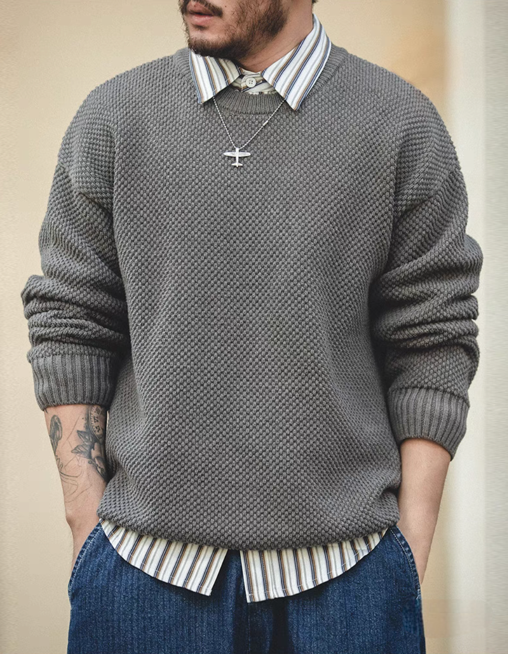 Pineapple Textured Crewneck Sweater polar gray worn with layered shirt highlighting textured knit and relaxed fit