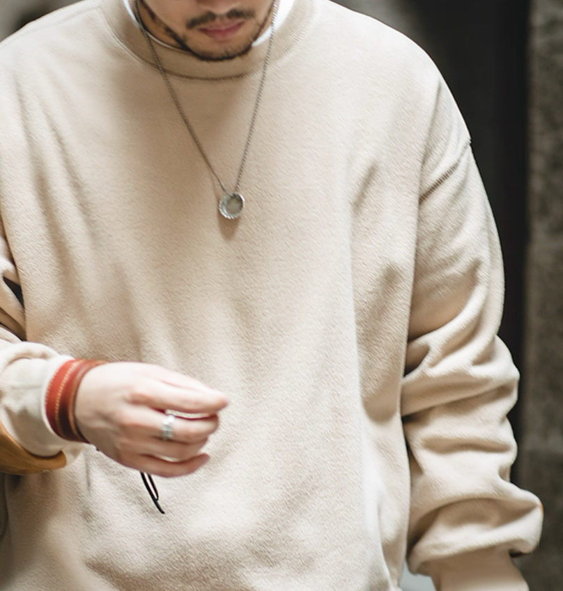 Model wearing Cream Beige Fleece Crewneck front close-up