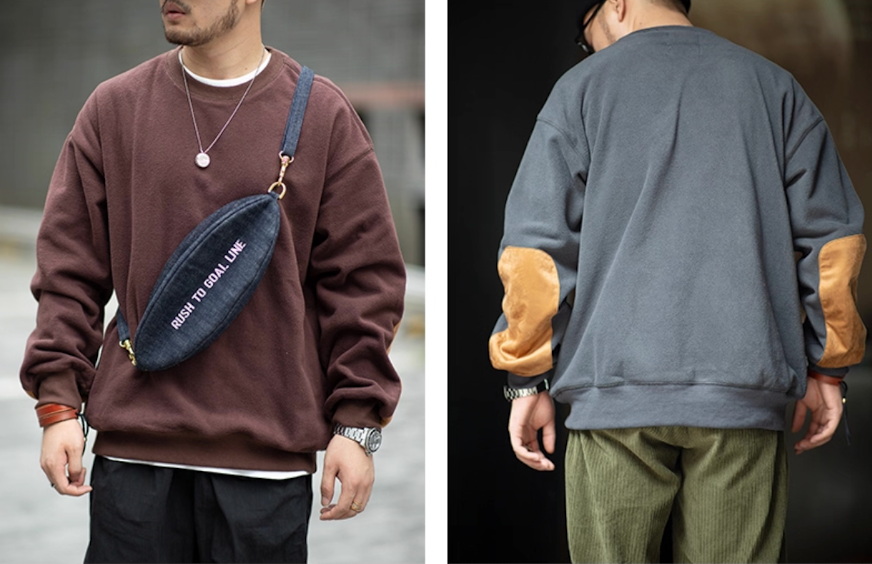 Slate Blue and Wine Red fleece sweatshirts side-by-side styling shot