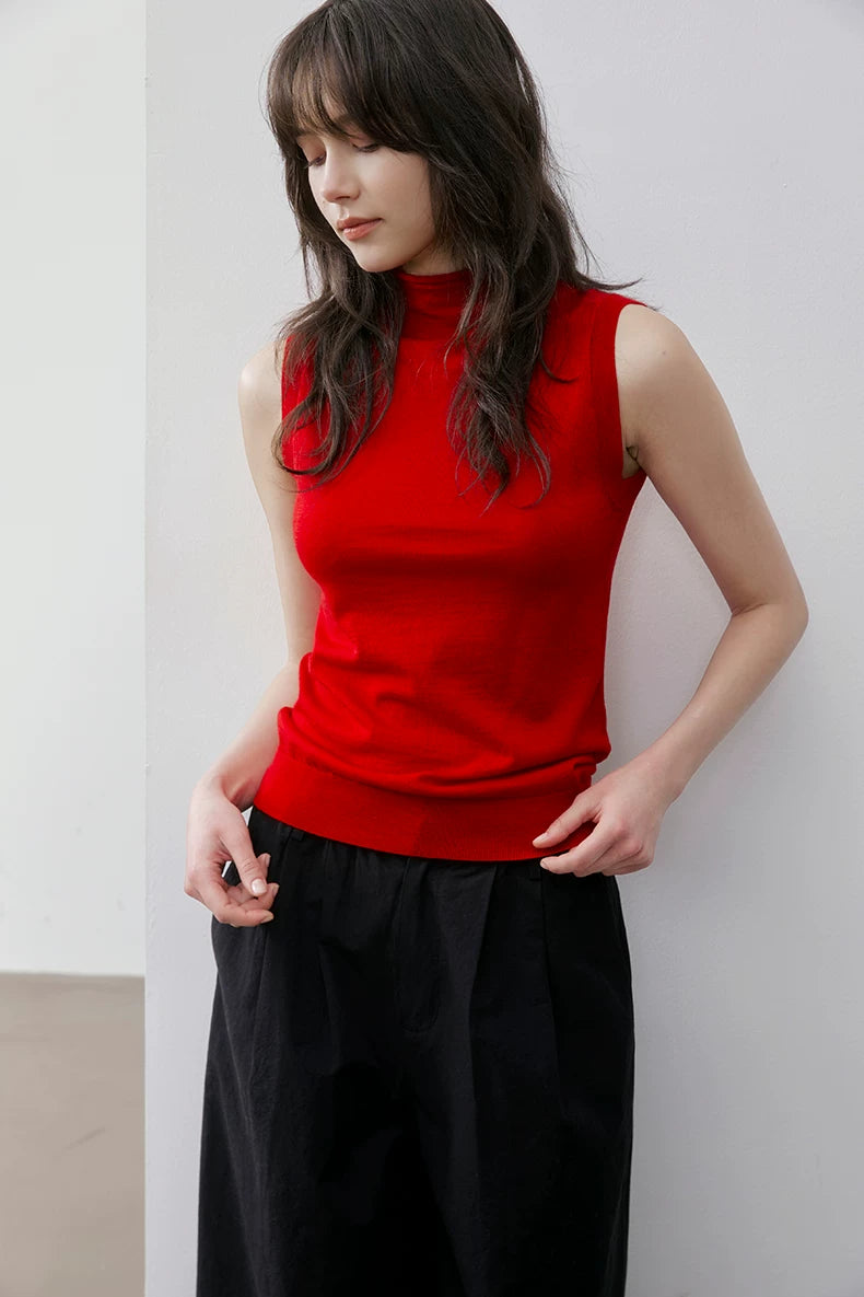 Three-quarter front view of Red slim-fit mock neck knit top