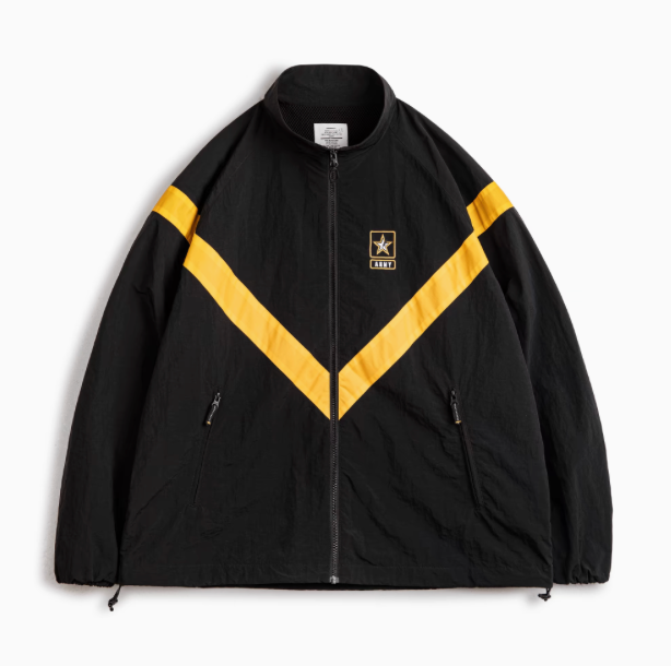 Reflective V-Stripe Tactical Zip Jacket with Army Star Patch in Black front view showing reflective V-shaped stripes, front zip closure and side zip pockets