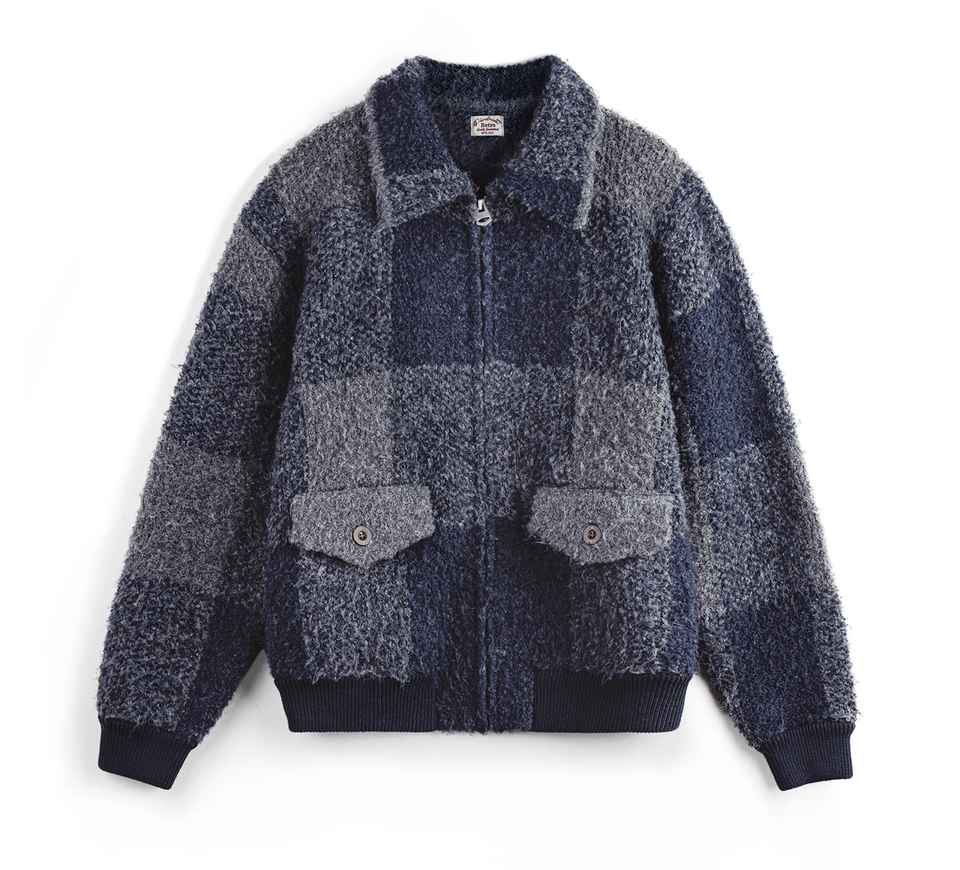 Navy and gray plaid wool blend boucle jacket flat front view.