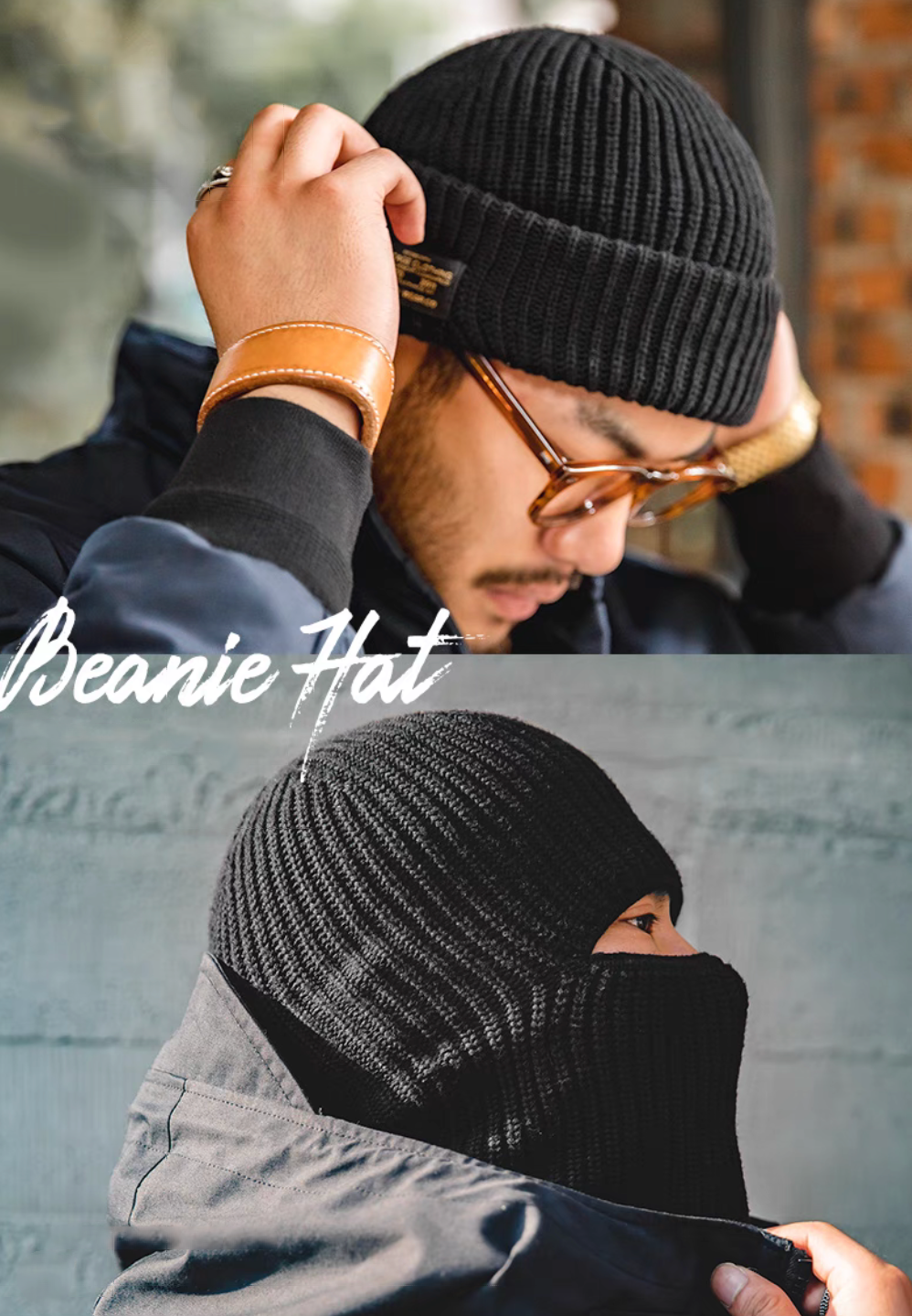 Black Retro Knit Beanie styling collage showing everyday wear and face cover styling highlighting versatility and warmth