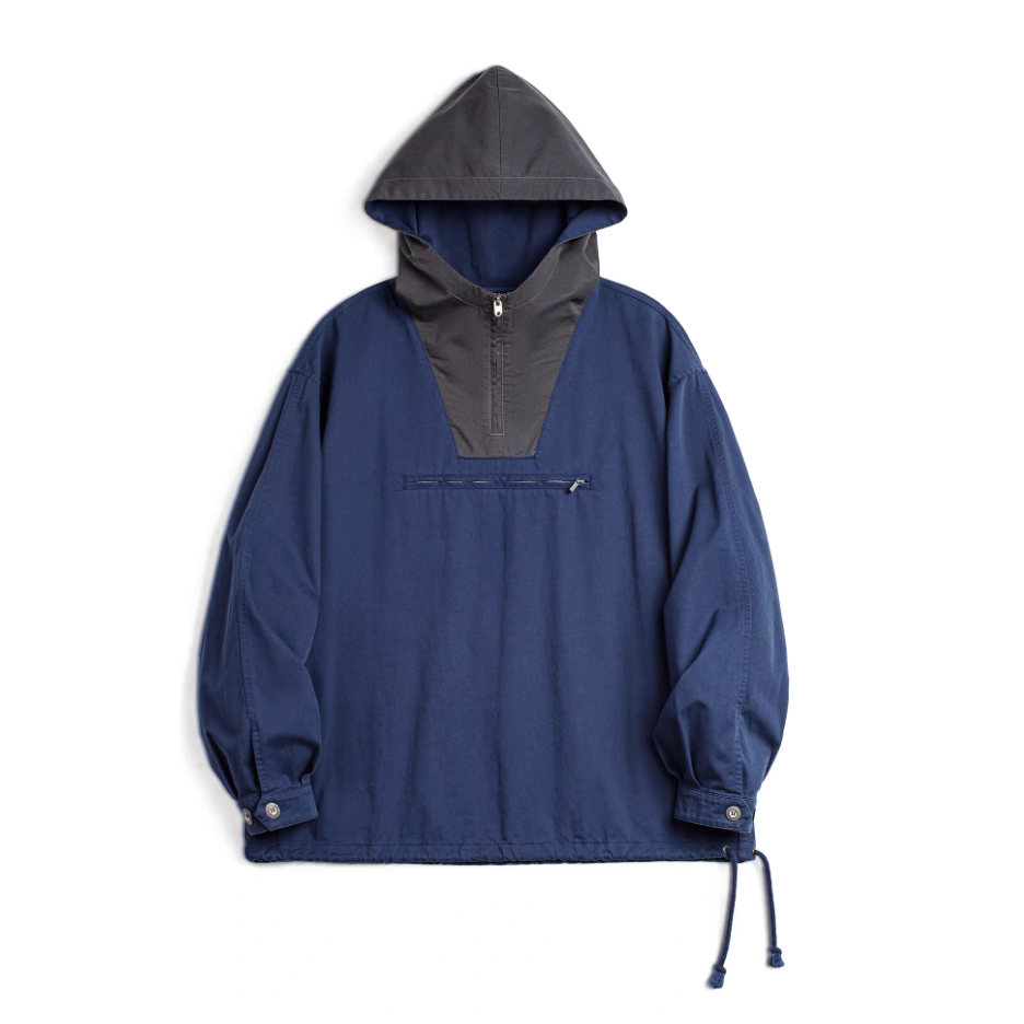 Two-tone navy and charcoal hooded cotton anorak flat-lay front view.