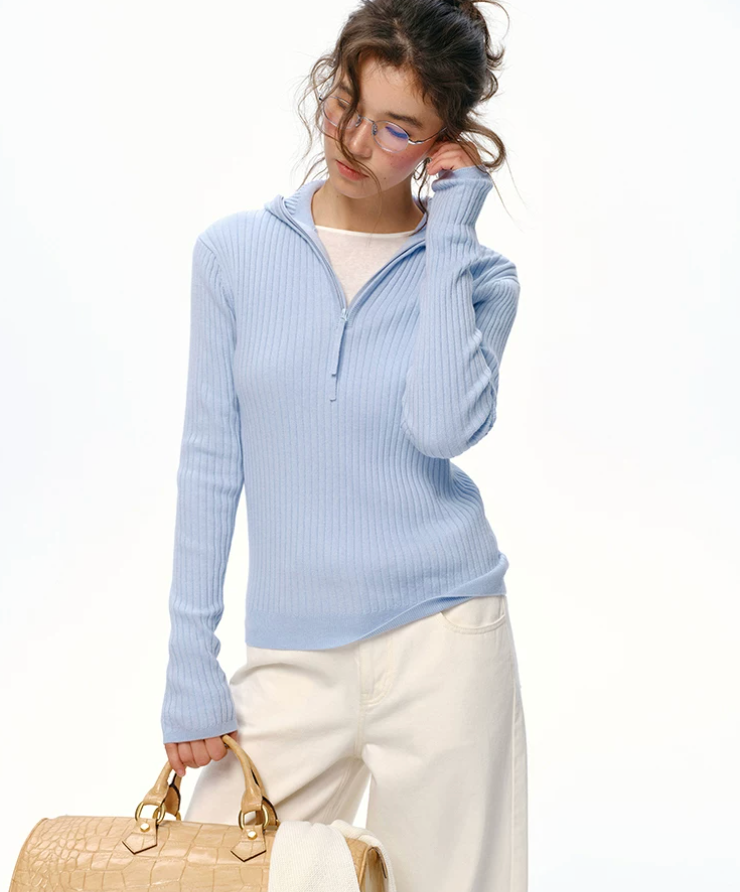 Baby blue ribbed half-zip hooded sweater, front view