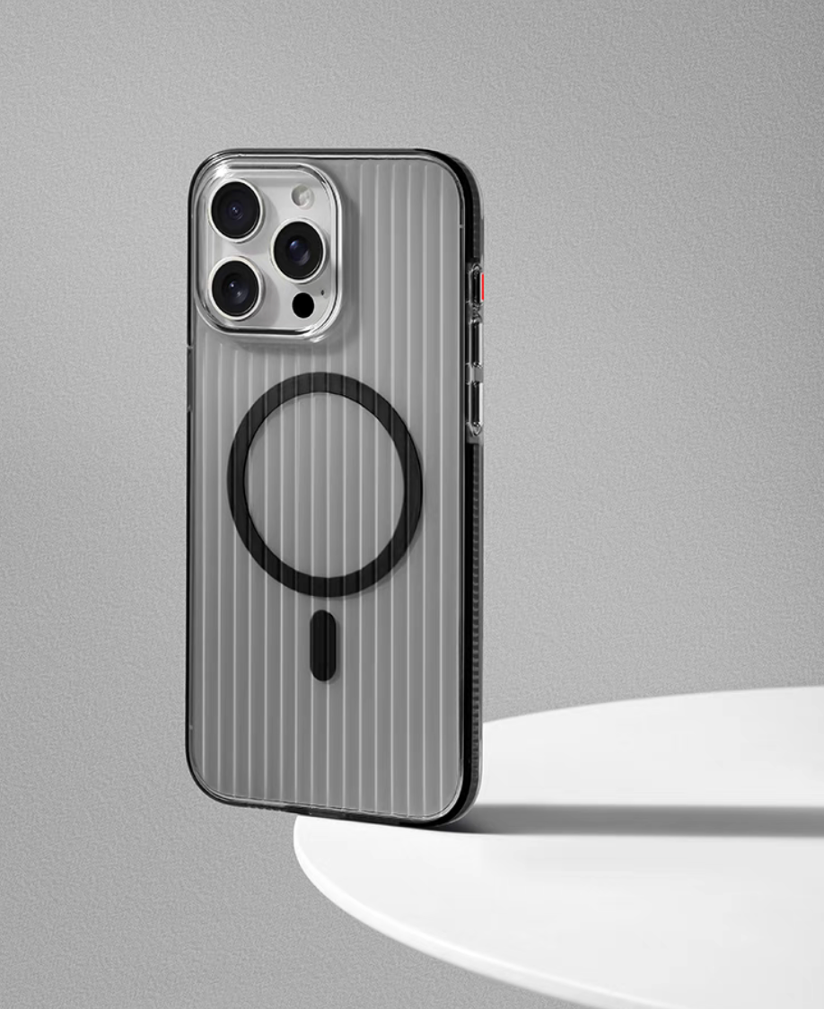 Black ribbed magnetic phone case positioned on display platform highlighting slim fit matte finish and protective bumper edges
