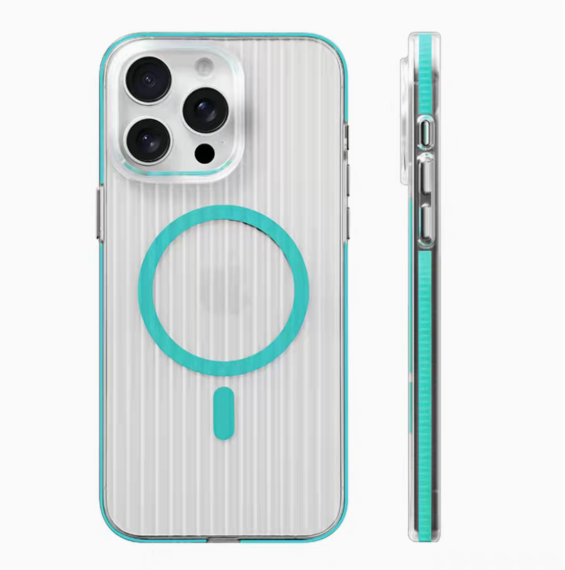 Blue ribbed magnetic phone case with MagSafe ring shown in front and side profile highlighting transparent edges and textured back