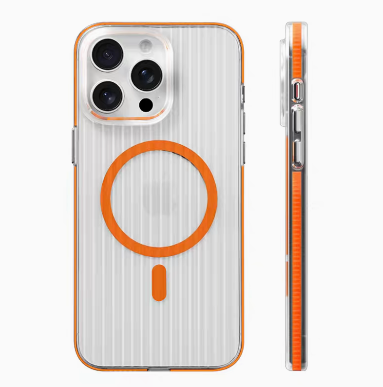 Orange ribbed magnetic phone case front and side profile showing raised edges camera protection and MagSafe ring alignment