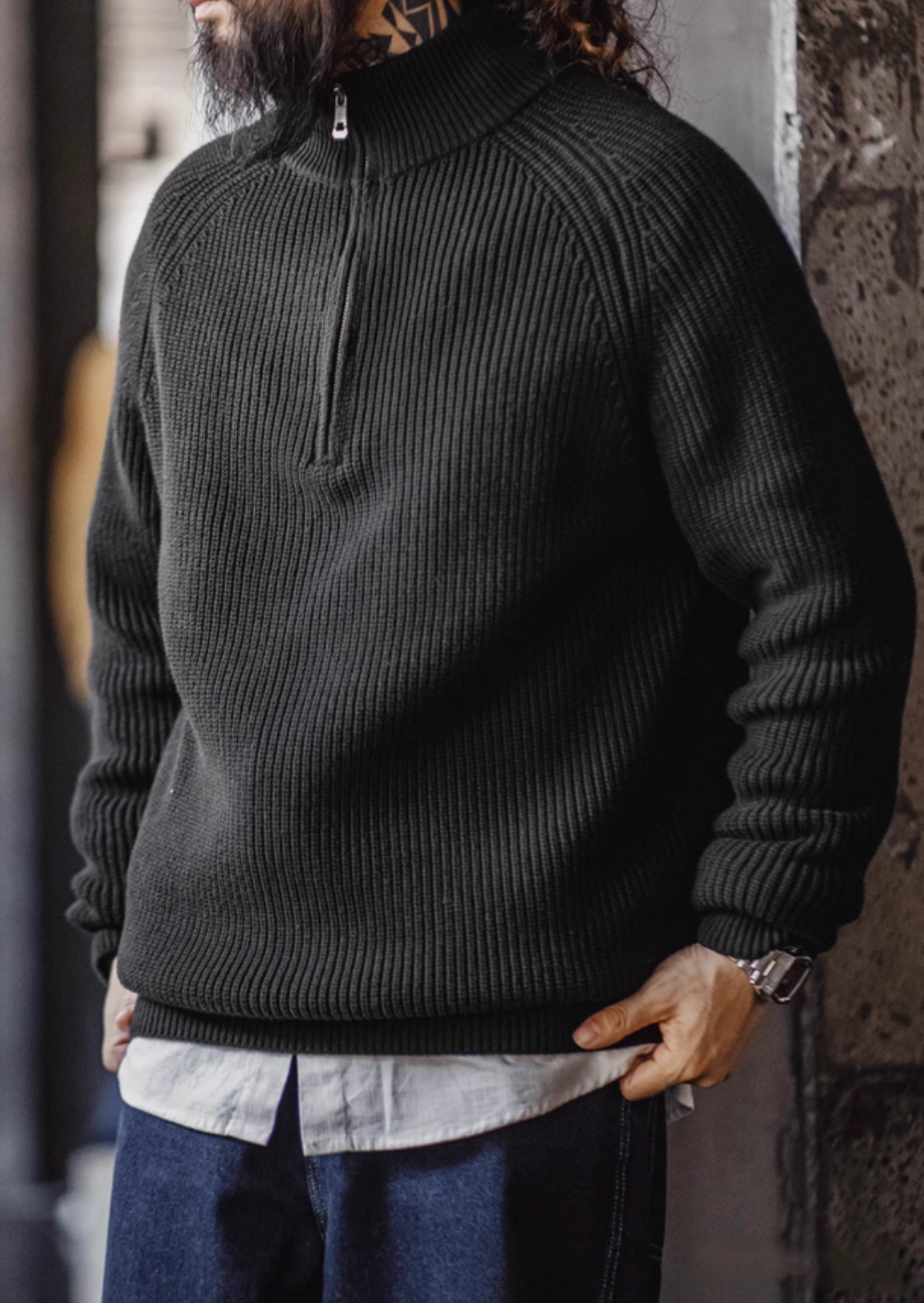 Ridge Half-Zip Pullover Sweater in Charcoal Black front view worn by model showcasing ribbed knit texture half-zip neckline and straight relaxed fit