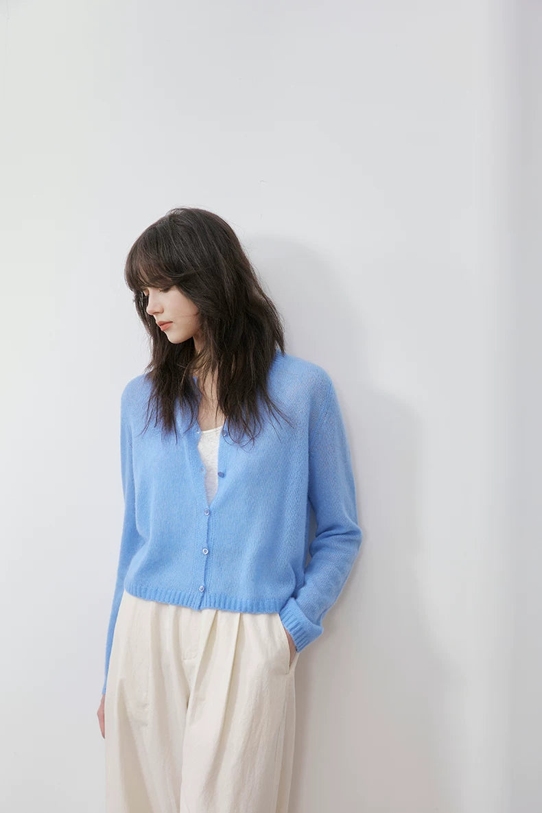Sky Blue cashmere silk cardigan, front view on model