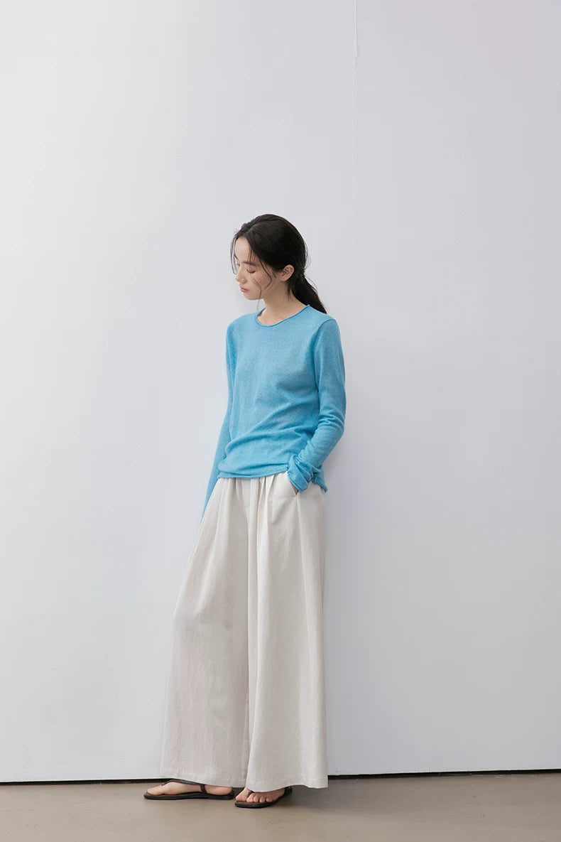 Sky Blue wool camel-blend pullover, full-length styled view