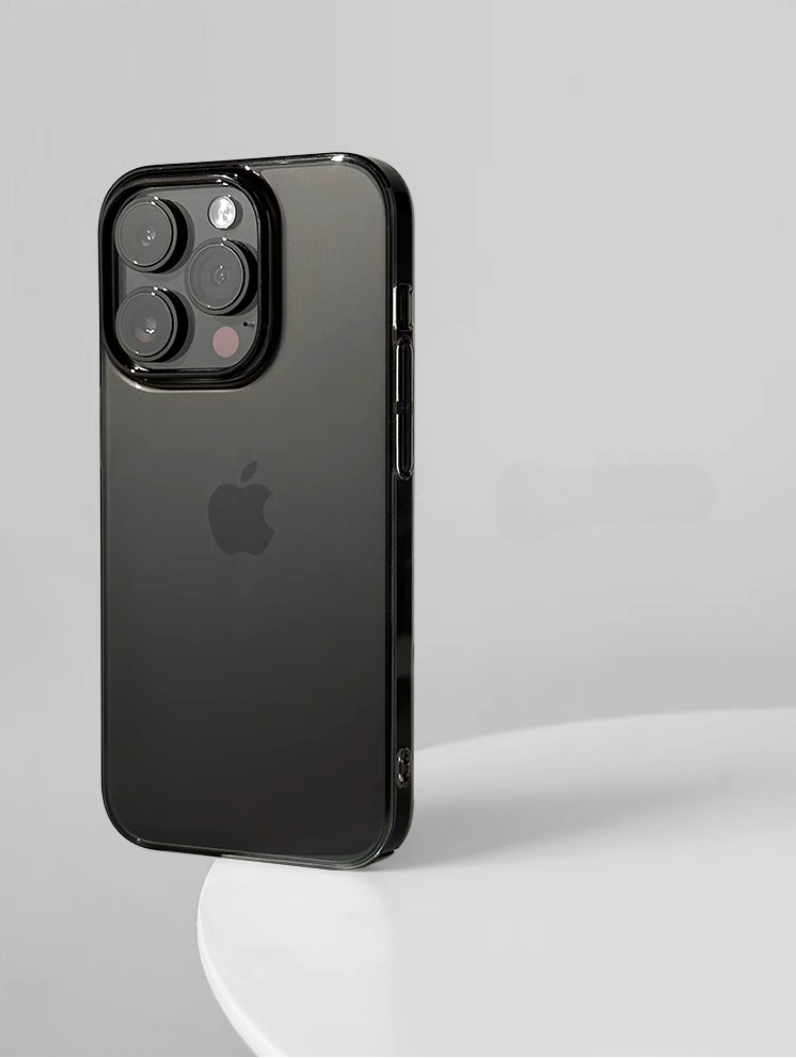 Clear black transparent matte phone case standing upright showing side profile and camera protection