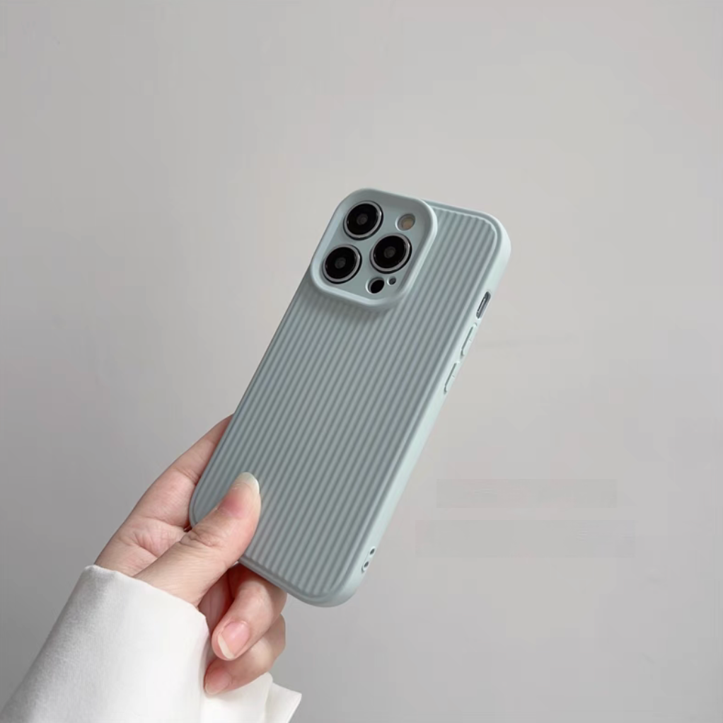 Green striped phone case angled view showing slim fit and textured grip