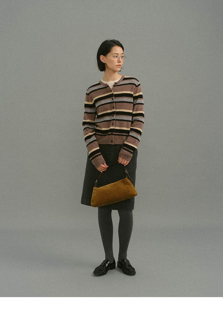 Mocha stripe wool cardigan, full body front view