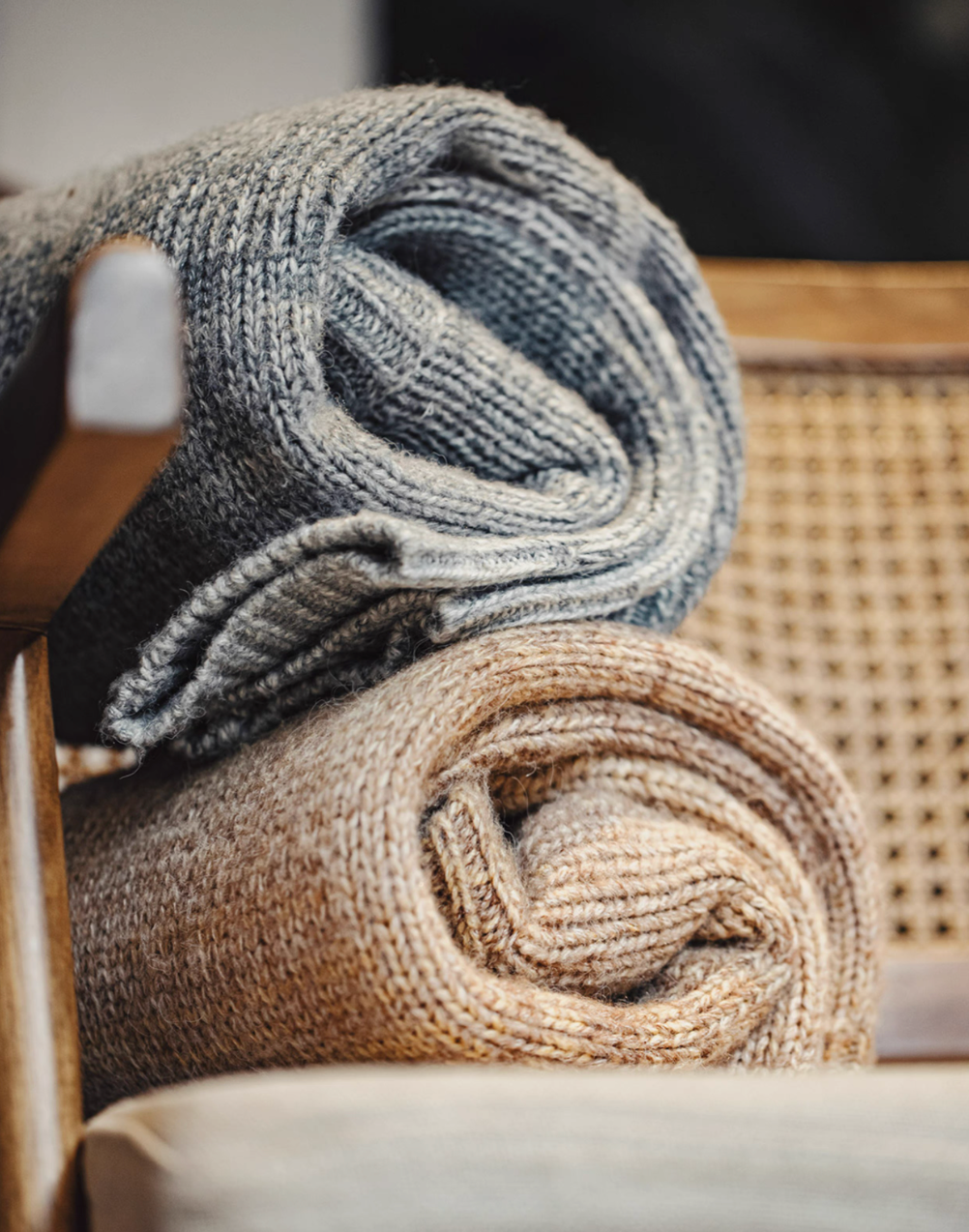Folded Sunset Drift Knit Sweater in Lead Grey and Tea Brown highlighting soft ombré gradient knit fabric and cozy wool blend texture