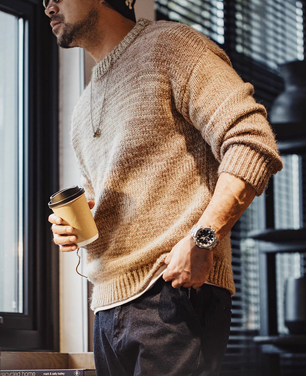 Side view of Sunset Drift Knit Sweater in Tea Brown highlighting ribbed hem cuffs ombré knit pattern and modern casual fit