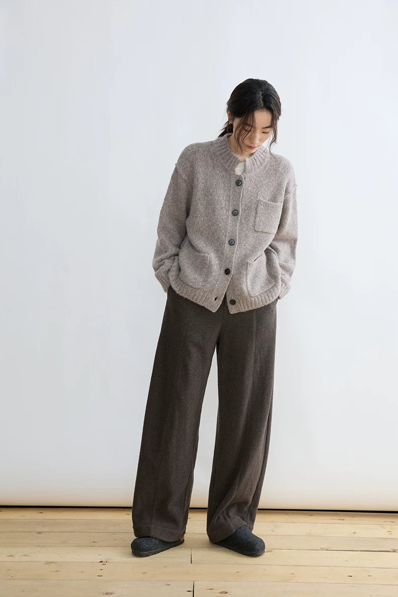 Taupe alpaca wool cardigan, front view on model