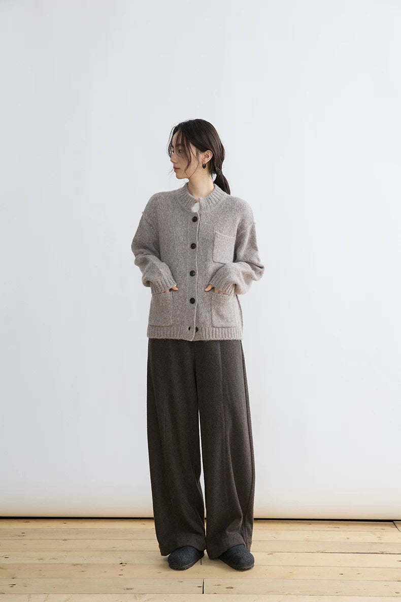 Taupe alpaca wool cardigan, full-length front view