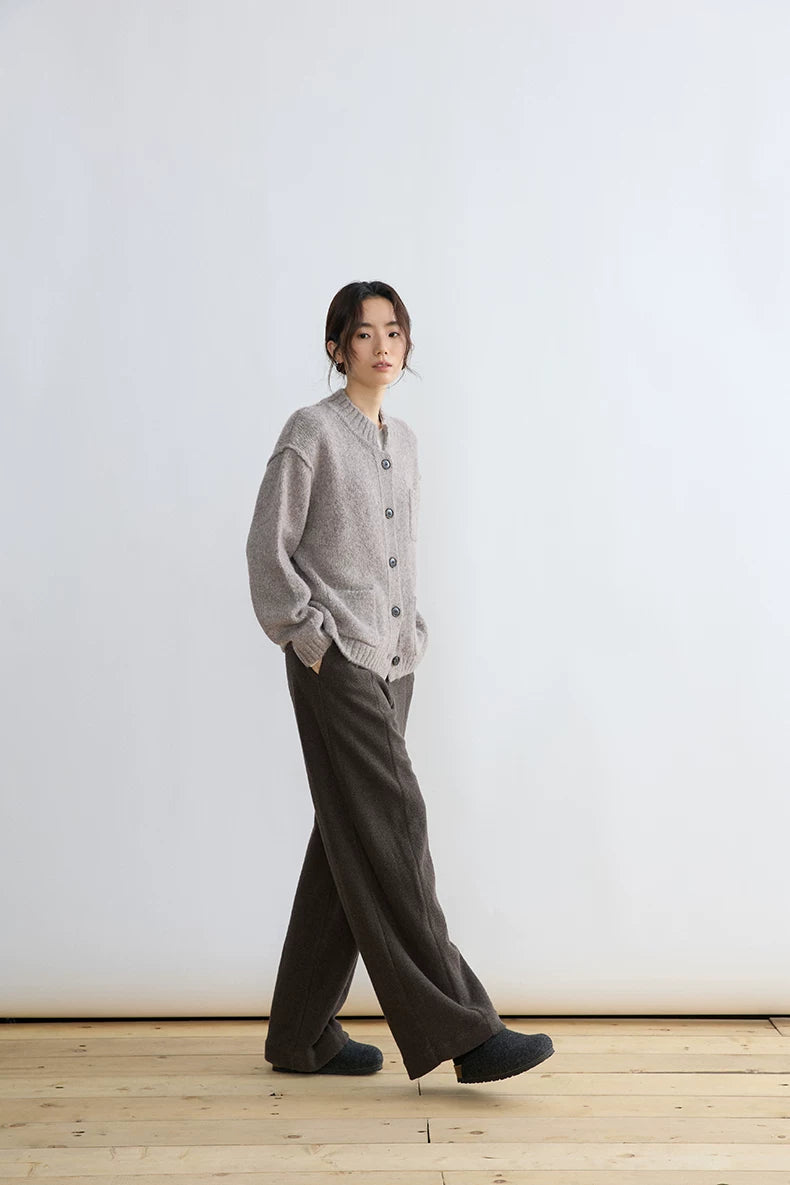 Taupe alpaca wool cardigan, side view walking