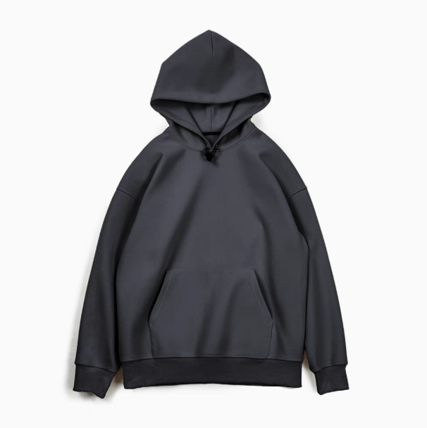 Trailblazer Pullover Hoodie in black front flat lay view featuring drawstring hood, kangaroo pocket, and ribbed cuffs