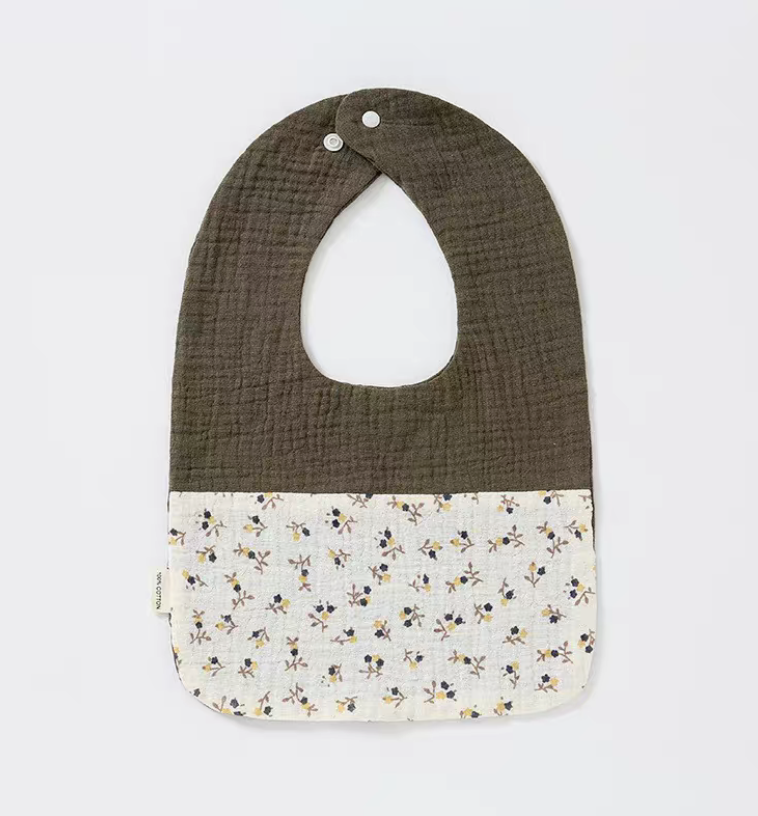 Brown Green Floral U-neck cotton gauze baby bib with tiny floral print on the lower panel