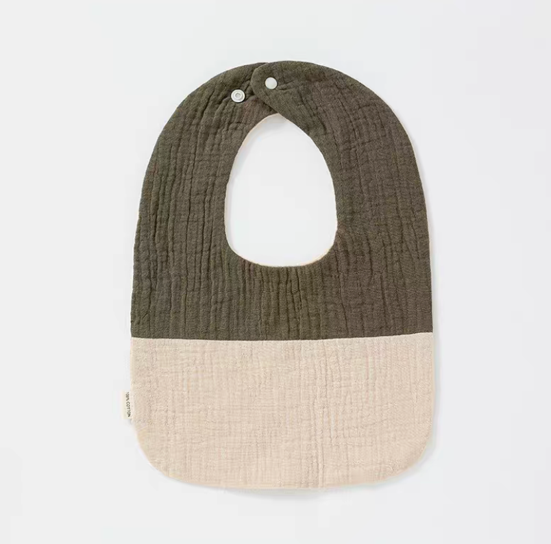 Brown Green Khaki U-neck cotton gauze baby bib with muted blue green upper panel and khaki lower panel