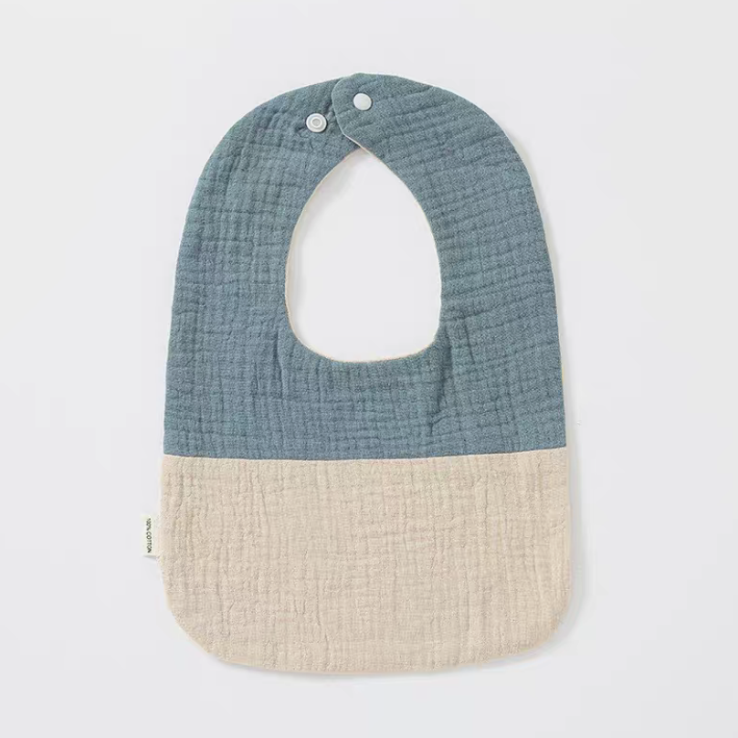 Dark Green Khaki U-neck cotton gauze baby bib with deep green upper panel and khaki lower panel