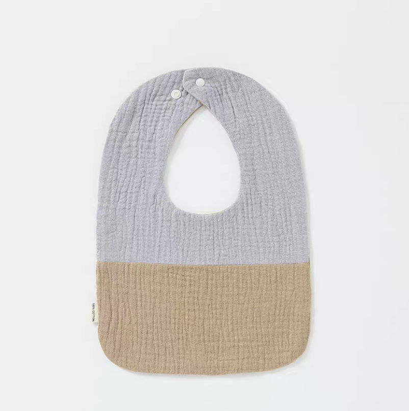 Gray Khaki U-neck cotton gauze baby bib with soft two-tone design and rounded shape
