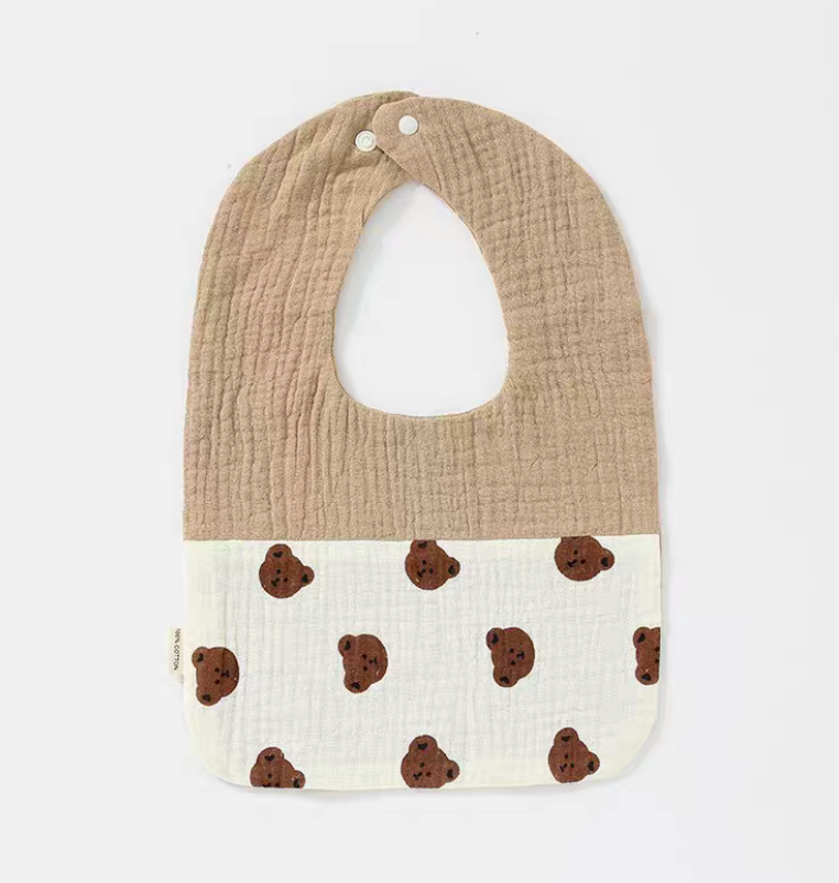 Khaki Bear Print U-neck cotton gauze baby bib with bear face print on the lower panel