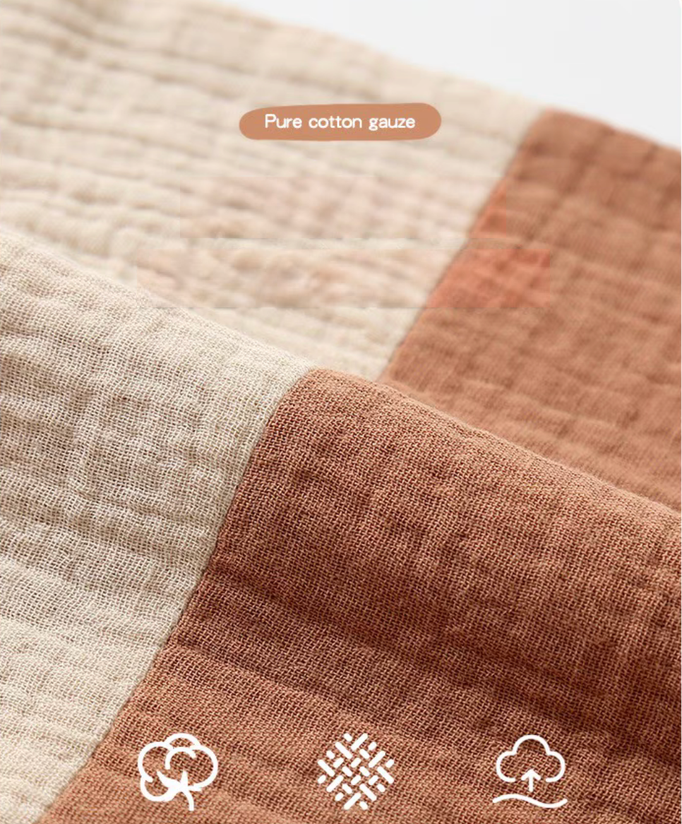 Khaki Brown baby bib fabric close-up showing soft pure cotton gauze texture and breathable weave