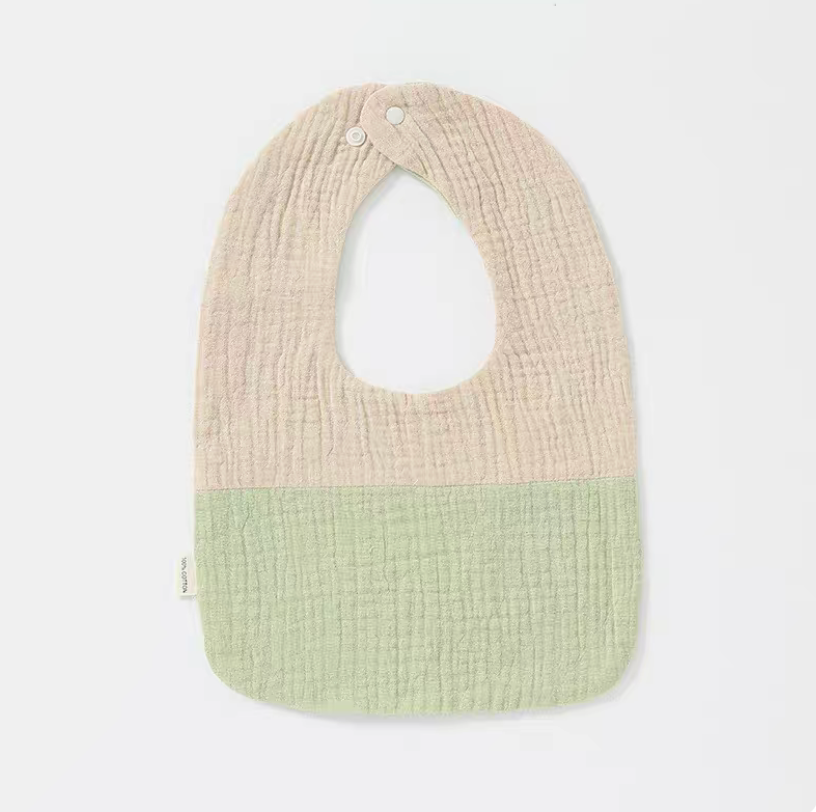Khaki Green U-neck cotton gauze baby bib with soft color-block design and snap closure