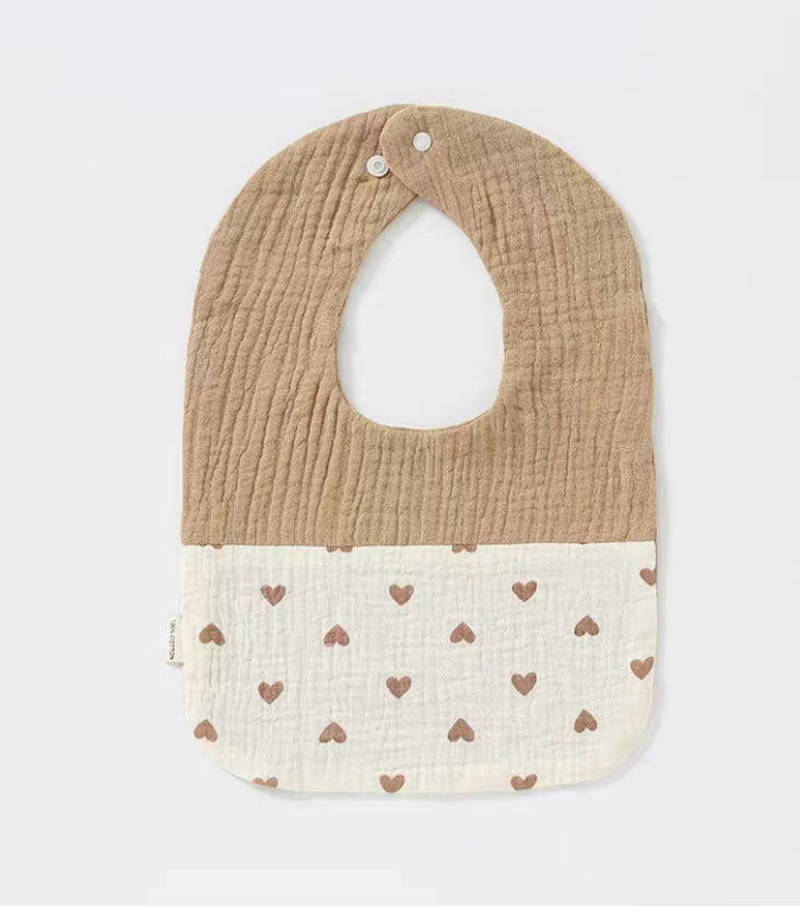 Khaki Heart Print U-neck cotton gauze baby bib with small heart pattern on the lower panel