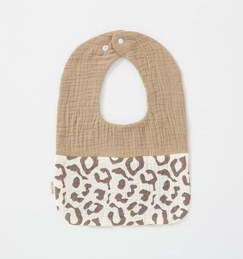 Khaki Leopard Print U-neck cotton gauze baby bib with leopard pattern on the lower panel