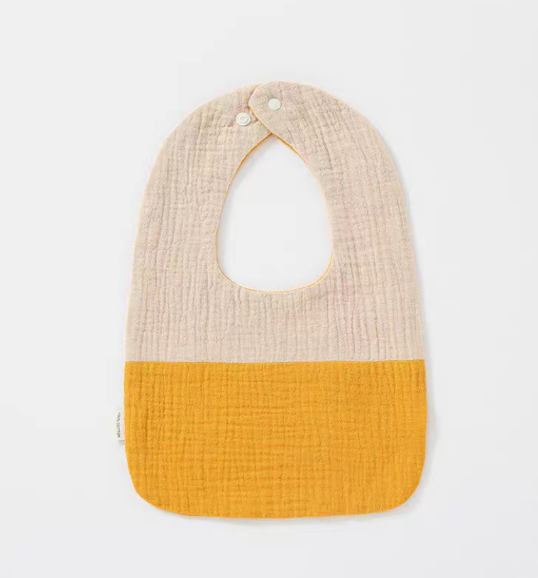 Khaki Orange U-neck cotton gauze baby bib with two-tone color-block design and soft texture