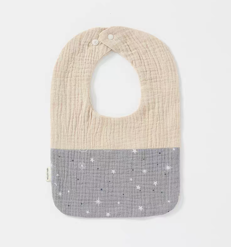 Khaki Star Print U-neck cotton gauze baby bib with gray star print lower panel