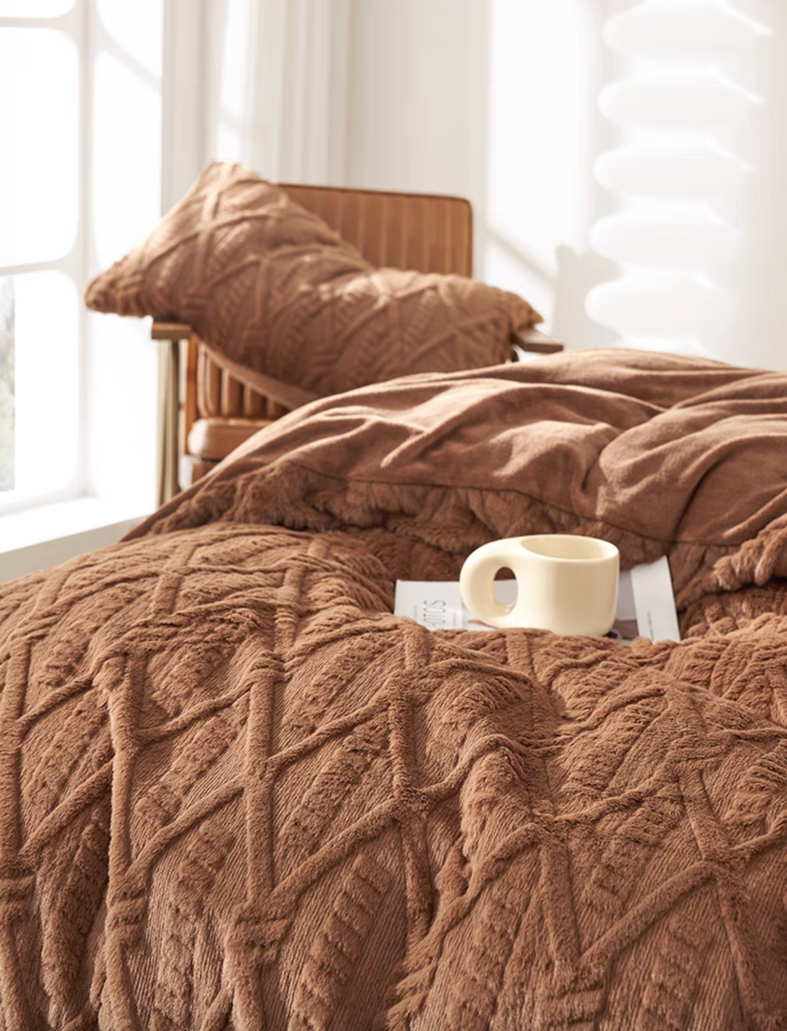 Brown VelourRest rex rabbit fur duvet bedding set close-up showing plush velour texture and soft milk velvet backing